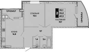 2-к квартира, на длительный срок, 66м2, 12/22 этаж