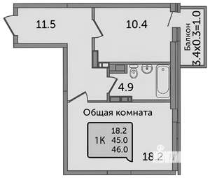 1-к квартира, на длительный срок, 45м2, 7/26 этаж