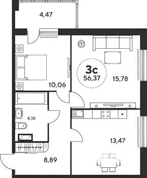 3-к квартира, на длительный срок, 57м2, 10/21 этаж
