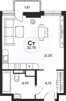 Студия квартира, вторичка, 33м2, 12/25 этаж