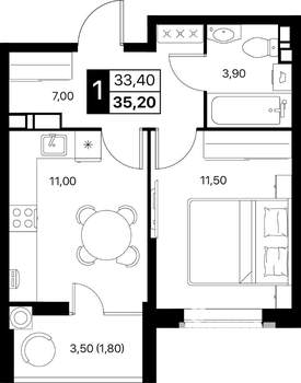 1-к квартира, вторичка, 35м2, 7/12 этаж
