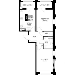 2-к квартира, вторичка, 58м2, 19/20 этаж