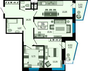 3-к квартира, вторичка, 76м2, 7/33 этаж