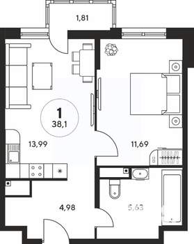 1-к квартира, вторичка, 38м2, 14/25 этаж