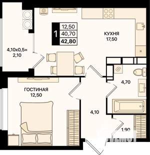 1-к квартира, вторичка, 43м2, 18/20 этаж