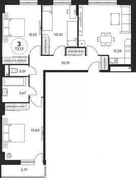 3-к квартира, вторичка, 72м2, 6/25 этаж