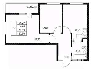 2-к квартира, вторичка, 54м2, 4/25 этаж