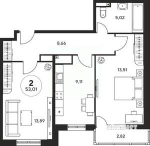2-к квартира, вторичка, 53м2, 15/25 этаж