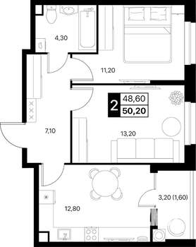 2-к квартира, вторичка, 50м2, 2/20 этаж