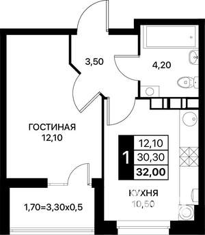 2-к квартира, вторичка, 32м2, 6/12 этаж