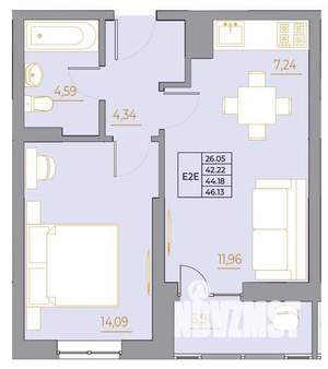 2-к квартира, строящийся дом, 46м2, 19/22 этаж