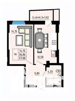 1-к квартира, строящийся дом, 38м2, 12/25 этаж