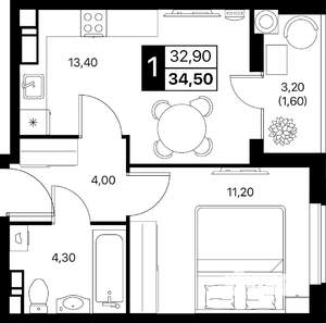 1-к квартира, вторичка, 35м2, 9/12 этаж