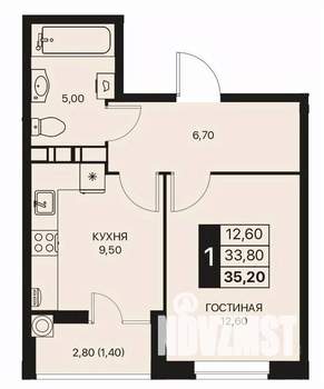 1-к квартира, строящийся дом, 35м2, 5/12 этаж
