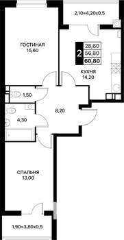 2-к квартира, вторичка, 61м2, 4/12 этаж