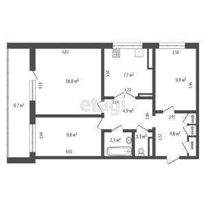 3-к квартира, вторичка, 70м2, 6/16 этаж