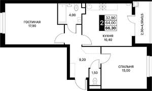 2-к квартира, вторичка, 66м2, 2/12 этаж