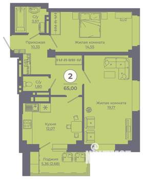 2-к квартира, вторичка, 65м2, 16/24 этаж