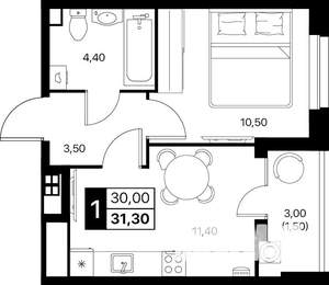 1-к квартира, строящийся дом, 31м2, 2/12 этаж