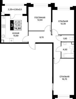 3-к квартира, вторичка, 75м2, 2/12 этаж