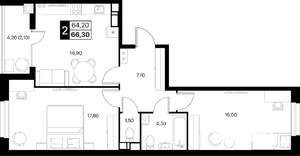 2-к квартира, вторичка, 66м2, 3/20 этаж