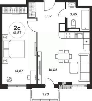 2-к квартира, вторичка, 42м2, 7/25 этаж