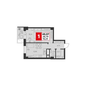 1-к квартира, строящийся дом, 40м2, 1/22 этаж