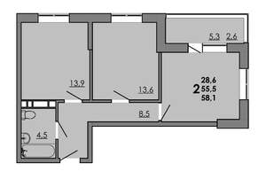 2-к квартира, вторичка, 58м2, 11/16 этаж