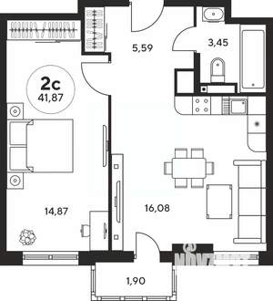 2-к квартира, вторичка, 42м2, 21/25 этаж