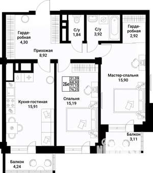 2-к квартира, вторичка, 71м2, 3/10 этаж