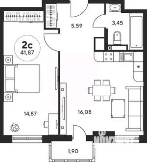 2-к квартира, вторичка, 42м2, 4/25 этаж