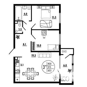 3-к квартира, вторичка, 61м2, 13/23 этаж