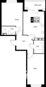 2-к квартира, вторичка, 67м2, 6/12 этаж