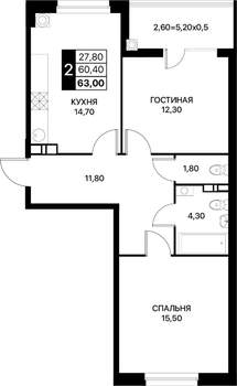 2-к квартира, вторичка, 63м2, 12/12 этаж