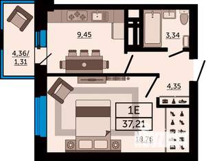 1-к квартира, строящийся дом, 37м2, 21/24 этаж