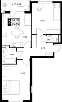 2-к квартира, вторичка, 66м2, 2/12 этаж