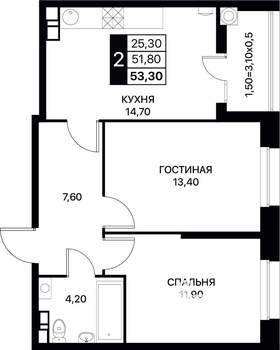 2-к квартира, вторичка, 53м2, 6/12 этаж