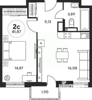 2-к квартира, вторичка, 42м2, 24/25 этаж
