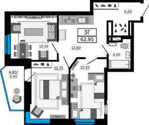 3-к квартира, вторичка, 63м2, 2/21 этаж