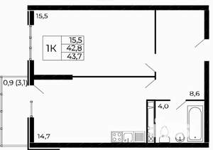 1-к квартира, вторичка, 44м2, 3/18 этаж