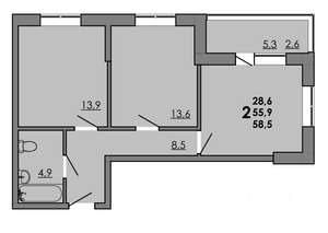 2-к квартира, вторичка, 59м2, 2/16 этаж