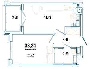 1-к квартира, строящийся дом, 38м2, 4/4 этаж