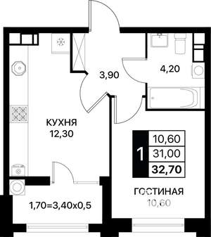 1-к квартира, вторичка, 33м2, 6/12 этаж