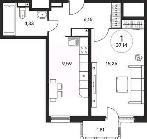 1-к квартира, вторичка, 37м2, 19/25 этаж