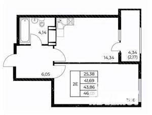 1-к квартира, вторичка, 46м2, 13/25 этаж