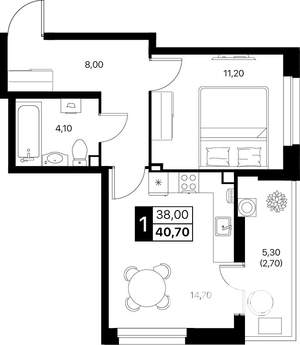 1-к квартира, строящийся дом, 41м2, 2/12 этаж
