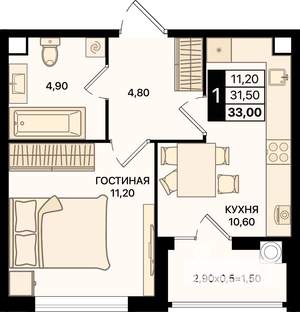 1-к квартира, вторичка, 33м2, 2/18 этаж