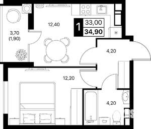 1-к квартира, вторичка, 35м2, 8/12 этаж