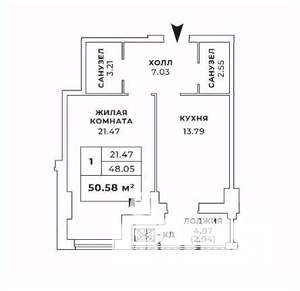 1-к квартира, вторичка, 51м2, 11/24 этаж