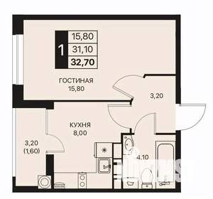 1-к квартира, строящийся дом, 33м2, 11/12 этаж